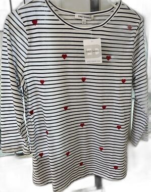 Emily Daniels Striped Womens Top Medium White Black 3/4 Sleeves Casual Chic NWT